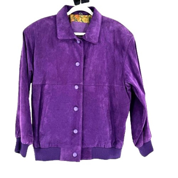 90s Hunt Club Suede Leather Bomber Jacket Women's Med Purple Boho Retro Western - Picture 9 of 10